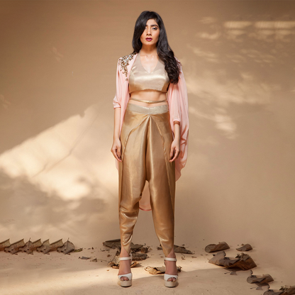 Peach Shimmer Georgette Crop Top And Dhoti Pant Set