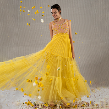 Yellow Chanderi Tiered Dress