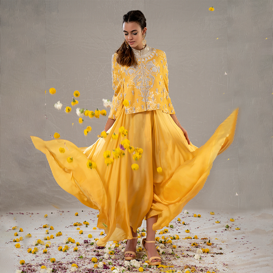 Yellow Silk Muslin Embroidered Jacket And Flared Pant Set