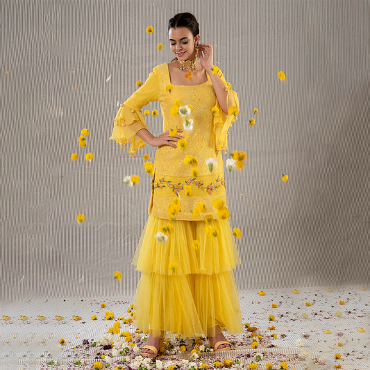 Yellow Georgette Embroidered Kurta And Sharara Set