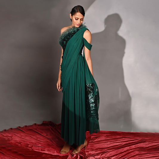 Green Lycra One Shoulder Saree Gown