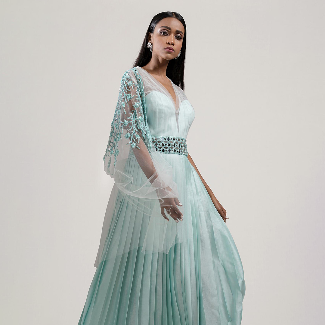 Sample Oli - Ice Blue ball gown with high split – DMT Bridal