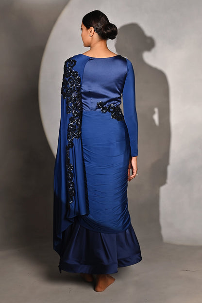 Blue Lycra Embroidered Draped Saree